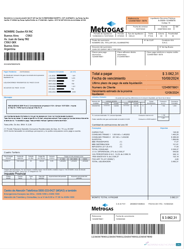 Argentina Metrogas easy to fill business utility bill template in Word and PDF format